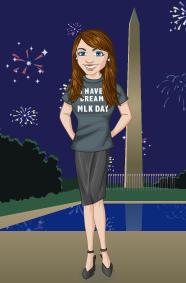 Kim McNelis avatar in front of the Washington Monument in D.C., with Fireworks (of celebration) in the background.